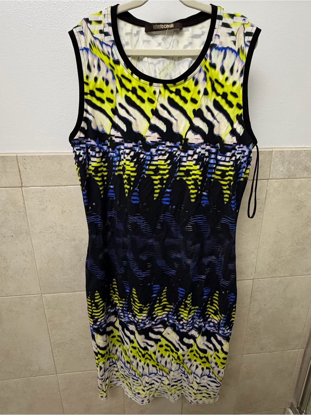 Roberto Cavalli | Neon Yellow, Navy and White Animal-Print Sleeveless Dress